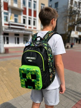 Дитячий рюкзак Minecraft з прогумованого матеріалу та пластиковою 3D-кишенею 42x32x14 см Чорний з принтом (M03)
