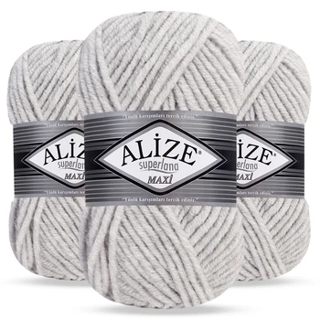 Упаковка Alize Super Lana Maxi, Светло-серый меланж №208, 3шт - толстая полушерстяная пряжа для шапок, шарфов - Ализе Супер Лана Макси 100г/100м