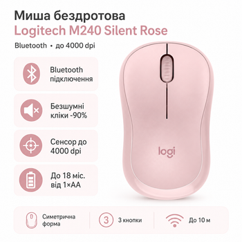 Мышь беспроводная Logitech M240 Silent Bluetooth 4000 dpi бесшумная 1×AA Rose (910-007121)