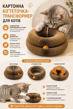 Інтерактивна кігтеточка-гармошка для котів із гофрокартону з м'ячиком