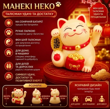 Фигурка Манэки Неко на солнечной батарее с мешком изобилия Желтый Фен шуй талисман изобилия