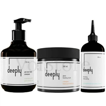 Набор для стимуляции роста и сияния волос Deeply: Шампунь стимулирующий Deeply Anti Hair Loss Shampoo 250мл / Глянцевая маска Deeply Gloss Finishing Mask 300мл / Пилинг для кожи головы Deeply Refreshing Scalp Peeling 200мл