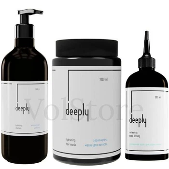 Набор для увлажнения для всех типов волос Deeply: Увлажняющий шампунь Deeply Hydrating Shampoo 1л / Увлажняющая маска Deeply Hydrating Hair Mask 1л / Пилинг для кожи головы Deeply Refreshing Scalp Peeling 200мл