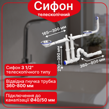 Сифон для подвійної кухонної мийки 3 1/2″×40 прямоточний з двома різьбовими випусками, круглим переливом, відведенням для пральної та посудомийної машини, гофротрубою PS451T0443
