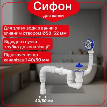 Плоский сифон для ванной без перелива, сифон для ванны низкий с выпуском и гофротрубой 40х40/50 мм Kronoplast, SW14000033