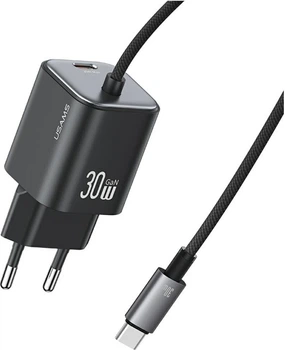 Мережевий зарядний пристрій Usams JC Series CC264 30W GaN Mini Fast Charger USB-C + вбудований кабель USB-C 1.2 м Black (CC264TC01)