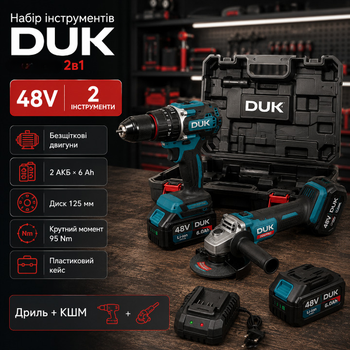 Аккумуляторный набор инструментов DUK 2 в 1 48V 6Ah бесщеточный дрель шуруповерт и угловая шлифмашина с 2 аккумуляторами в кейсе