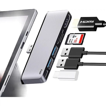 Док-станція розширення Isky Microsoft Surface Pro 7, конвертер USB-C, високошвидкісний USB-адаптер передачі даних, кабель-перетворювач HDMI для відеопроекції та дзеркального відображення екрана, планшетний ноутбук із шістьма входами та двома виходами