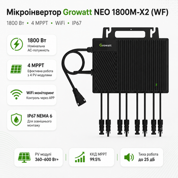 Мікроінвертор для сонячних панелей Growatt NEO 1800M-X2 (WF) 1800 Вт 4 MPPT WiFi IP67 Black
