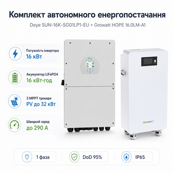 Комплект автономного енергопостачання Deye SUN-16K-SG01LP1-EU 16 кВт + Growatt HOPE 16.0LM-A1 LiFePO4 16 кВт·год