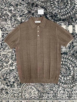 Мужская коричневая трикотажная футболка поло Brunello Cucinelli Henley из льна и хлопка размер M