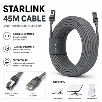 Кабель 45 метрів до Starlink Gen 3 Rev 4 та Starlink Mini, Starlink Standart 45 m cable