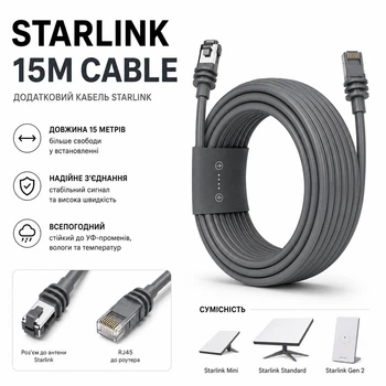 Кабель 15 метров к Starlink Gen 3 Rev 4 и к Starlink Mini, Starlink Standart 15 m cable