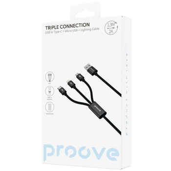 Кабель Proove Triple Connection 3 in 1 Type-C + Micro USB + Lightning (1.3m) black