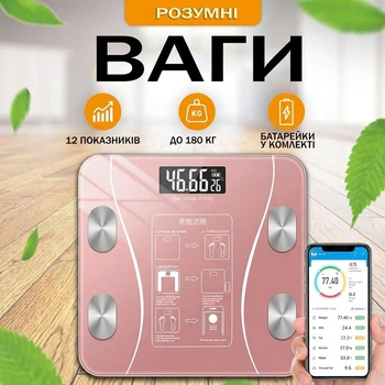 Весы умные напольные фитнес Scale Bluetooth A-PLUS до 180 кг с приложением для телефона батарейки в комплекте Розовые