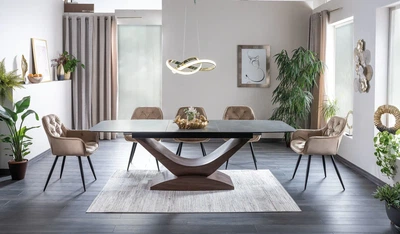 Стол раскладной DOLCE CERAMIC 180(240)x95 см Закаленное стекло + керамика Серый мрамор/Темный орех