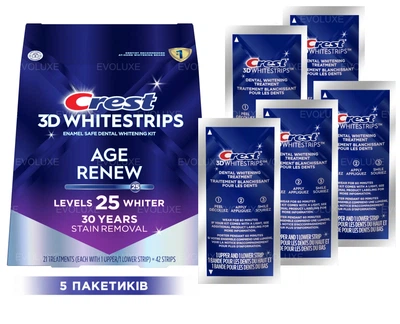 Відбілювальні смужки для зубів Crest 3D Whitestrips Age Renew ㉕ levels whiter (Supreme Bright) - 5 пакетиків (10 смужки) курс 5 днів по 60хв.