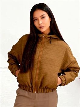 Жіноча коротка куртка з капюшоном на блискавці LadyLike 48 Хакі (ladlk2236780047425)