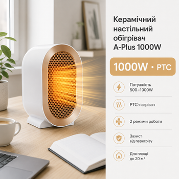Керамический тепловентилятор A-Plus 1000 Вт настольный PTC обогреватель 2 режима защита от перегрева для помещений до 20 м²