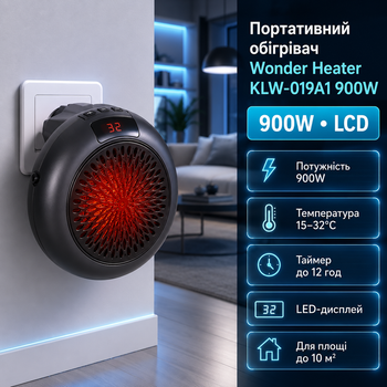 Портативный обогреватель Wonder Heater KLW-019A1 900 Вт с термостатом таймером LED дисплеем для розетки