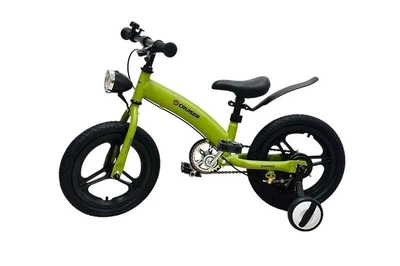 Детский двухколесный велосипед SWITCH BIKE 14" 2 in 1 со стальной рамой 14-дюймовые колеса ручной задний тормоз вспомогательные страховочные колеса звонок LED-фонарик велосипед для детей 3–5 лет зеленый