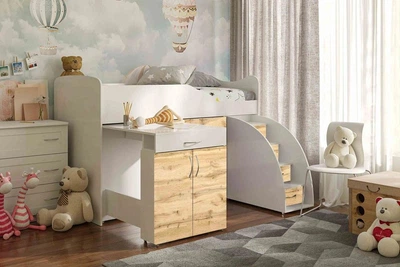 Ліжко кімната ViorinaDEKO BED-ROOM №5 1840*860 мм висувна драбина-комод, висувний стіл. Білий корпус/колір фасаду тахо