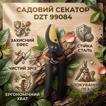 Садовий секатор DZT 99084 із захистом для рук / Безпечний секатор з ефесом для колючих чагарників