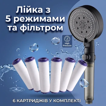 Черная лейка для душа с 5 режимами, функцией Start-Stop и комплектом из 6 фильтров (1 мкм)