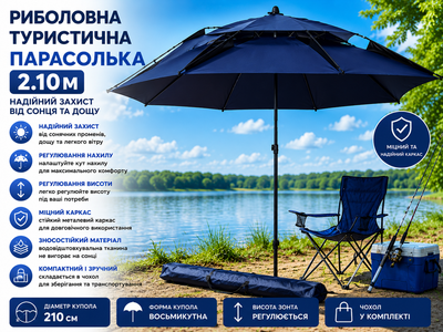 Парасолька рибальська восьмикутна 210 см з регулюванням нахилу та чохлом Темно-синя для кемпінгу відпочинку на природі від сонця й дощу