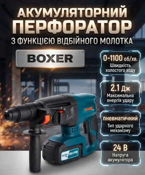 Аккумуляторный перфоратор Boxer SR083 24 В с двумя аккумуляторами 4 Ач патроном SDS Plus тремя режимами работы силой удара 2.1 Дж и плавной регулировкой скорости