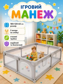 Дитячий манеж 180х120х65 см великий прямокутний, ігровий манеж з металевим каркасом, двома входами на блискавці, сітчастий манеж для дітей для дому та дачі