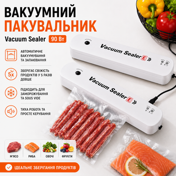 Вакуумный упаковщик для продуктов бытовой автоматический вакууматор запайщик пакетов для вакуумной упаковки Vacuum Sealer белый 90 Вт для мяса рыбы овощей фруктов заморозки Sous Vide хранения продуктов