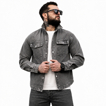 Рубашка мужская джинсовая серая ТР6802, деним (jeans cotton), на кнопках, повседневная, весенняя XXXL