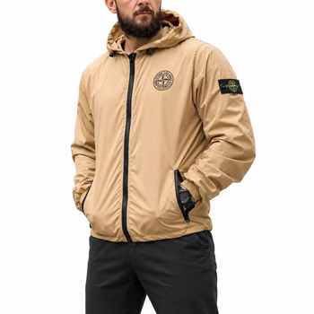 Мужская ветровка карман Stone Island бежевая весенняя, складывается в карман, водоотталкивающая, капюшон M