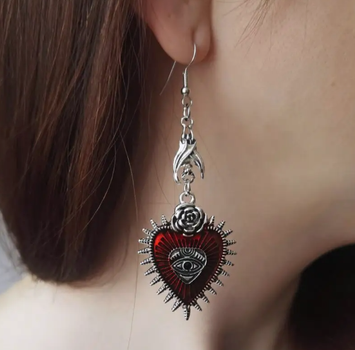 Сережки Fashion Jewerly винтажные красное сердце летучая мишь серебристые (SVS)