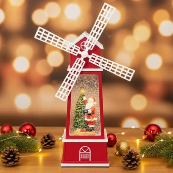 Музыкальный новогодний фонарь Снежная мельница, от USB и батареек, 27х10 см, Красный