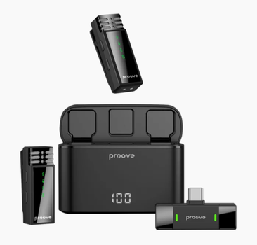 Беспроводной петличный микрофон Proove Record 2in1, 2 микрофона для телефона USB Type-C + Lightning, шумоподавление, чёрный