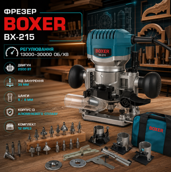 Ручной электрический фрезер BOXER BX215 2500 Вт с цангами 6 8 мм регулировкой оборотов 13000 30000 об/мин для фрезерования древесины МДФ