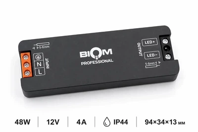 Блок питания BIOM BPTH-12-48 48W 12V 4A IP44 Slim ультратонкий 13 мм 94×34×13 мм – для LED лент, мебели и зеркал