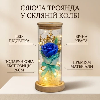 Роза светящаяся в стеклянной колбе цветок с LED подсветкой подарочная экспозиция в коробке 26см синяя