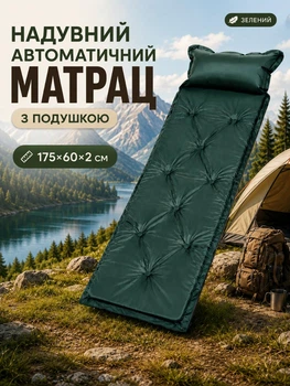 Матрас надувний похідний для сну з подушкою 175×60×2 см самонадувний матрас туристичний для кемпінгу в машину для намету Зелений