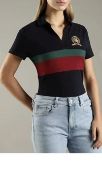 Жіноча смугаста футболка з коміром-поло Tommy Hilfiger, темно-синя, розмір L
