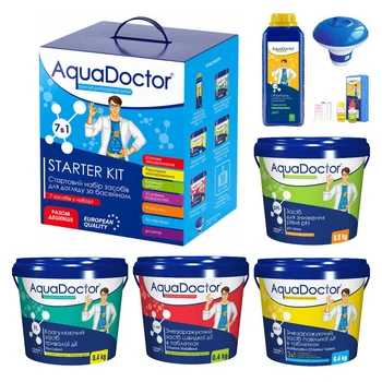 Набір хімії для басейну AquaDoctor 7 в 1 (Альгіцид, pH Minus, Хлор швидкої та повільної дії, Коагулянт, Дозатор, Тестер)