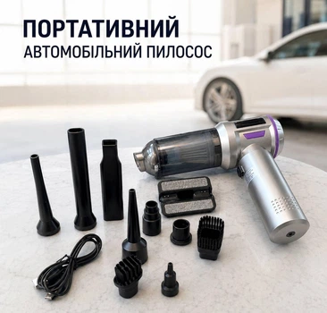 Портативный ручной беспроводной автомобильный турбо пылесос LB-1001 для салона автомобиля и дома сухой уборки аккумуляторный мощность 16000Па 3 скорости серебристо-фиолетовый