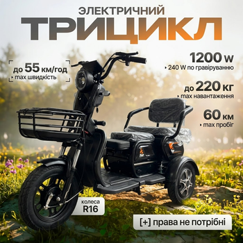 Электроскутер трицикл трехколесный 1200W 60V 20Ah электротрак скорость до 55 км/ч для взрослых и пожилых