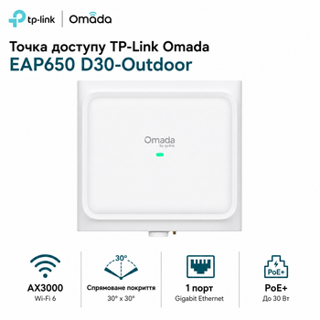Точка доступа TP-Link Omada EAP650 D30-Outdoor Wi-Fi 6 AX3000 2.4/5 GHz 1xGbE PoE+ 4 антенны IP68 White