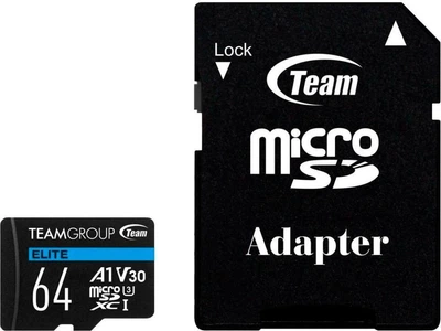 MicroSDXC TEAM 64 GB microSDXC UHS-I U3 V30 A1Team Elite + SD-адаптер (TEAUSDX64GIV30A103)