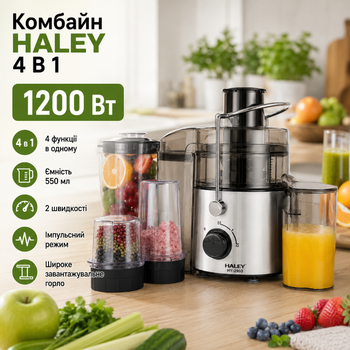 Многофункциональный комбайн HALEY HY 2903 4 в 1 1200 Вт 550 мл соковыжималка блендер измельчитель кофемолка серебристый