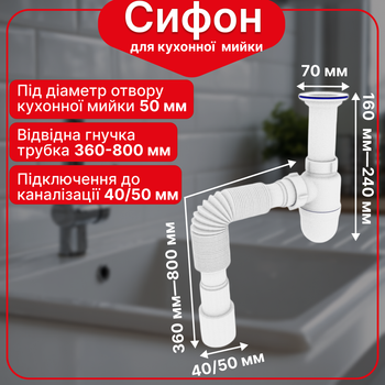 Сифон для кухонной мойки Kronoplast с литым выпуском и гофротрубой 40×40/50, универсальный, 1 1/2" × 40