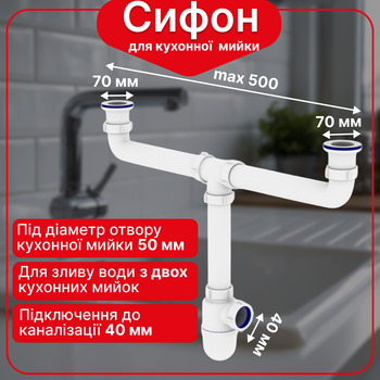 Кухонный сифон Kronoplast с двойным резьбовым подключением для мойки, 1 1/2"×40 мм